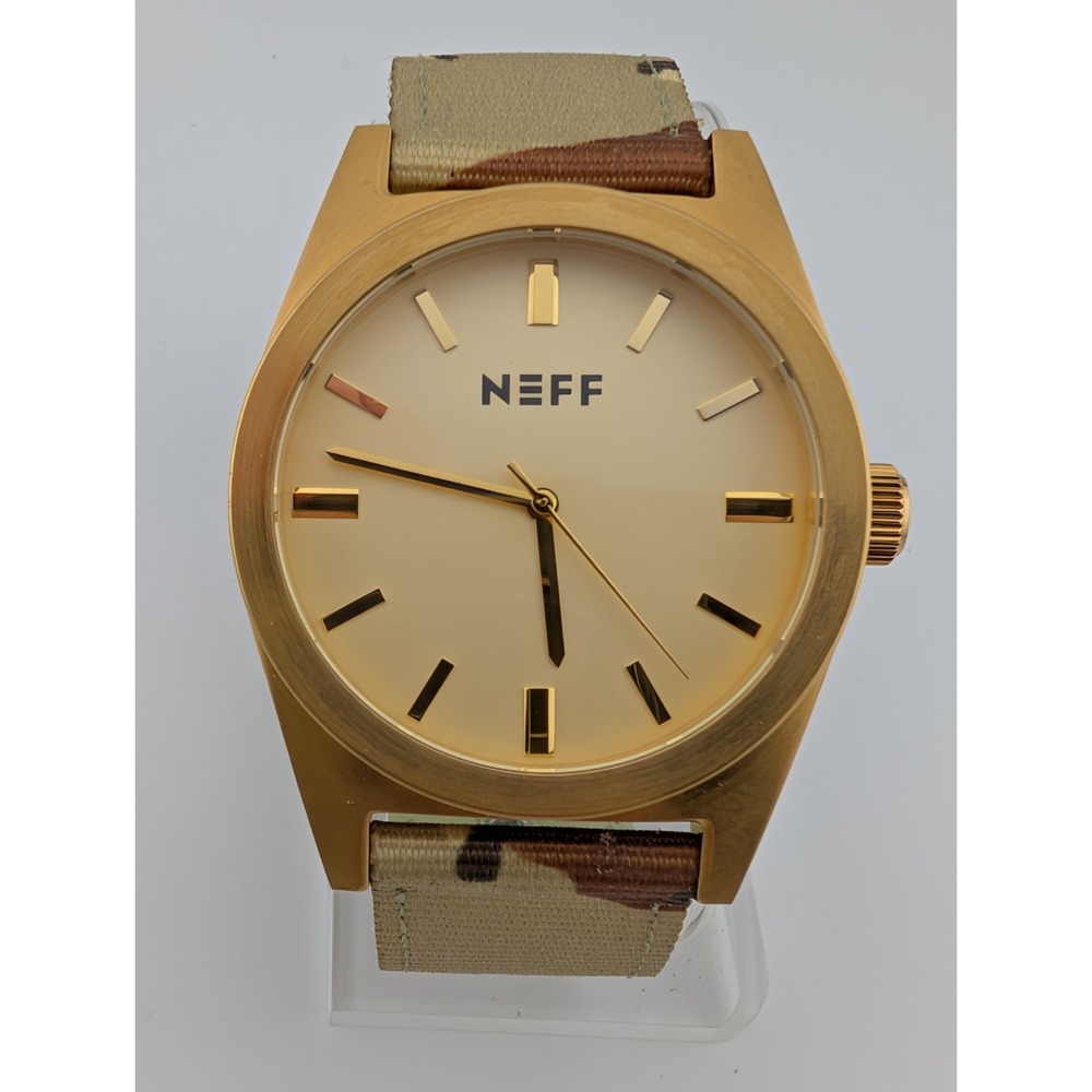 Neff Nightly Watch Men 42mm Gold Case Camo Canvas Band- New Battery